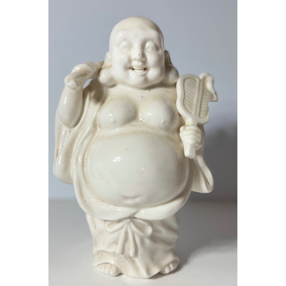 Vintage White Ceramic Laughing Buddha Hotei Figurine 9" Glossy Glazed Statue